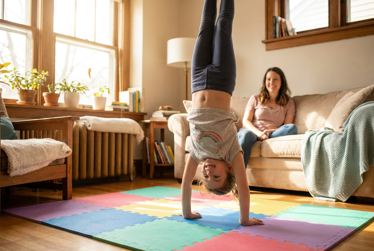 Young gymnast training at home with Coach Kaz Gymnastics